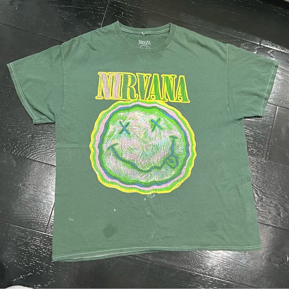Nirvana Oversized Green Graphic Tee Smiley Face Grunge Band Shirt L